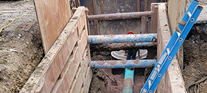 Crews install new sewer line throughout the south end to replace existing aging infrastructure. New sewer installation on Flynn Avenue.